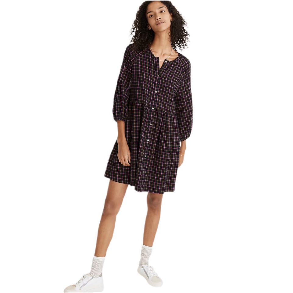 Madewell Plaid Flannel Raglan Button Up Shirtdress